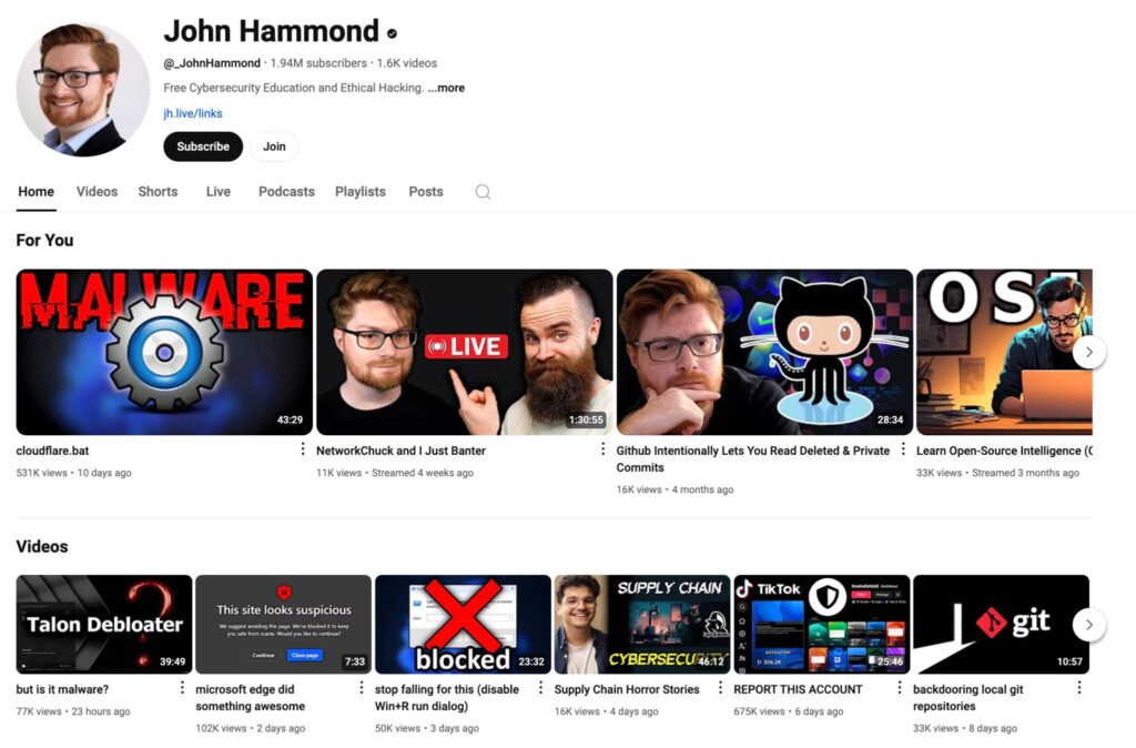 John Hammond cybersecurity youtube channel