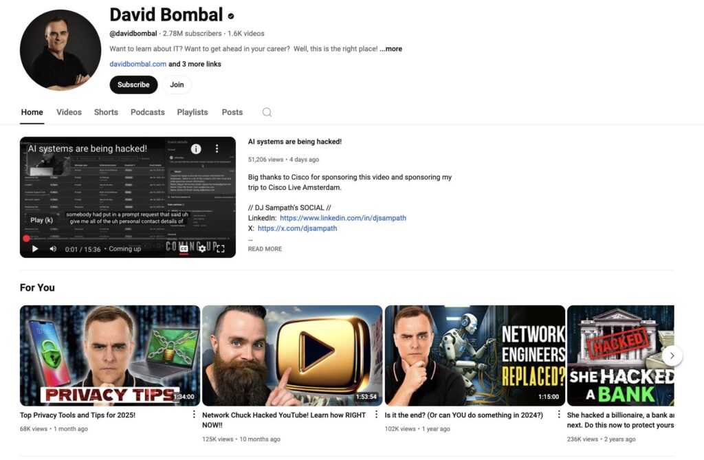 David Bombal cybersecurity youtube channel